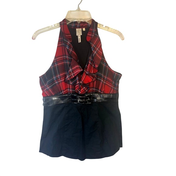 Heart Soul Tops - Y2K Vintage Alt Heart Soul Womens Halter Top Plaid Ruffle Belted Black Shirt MD